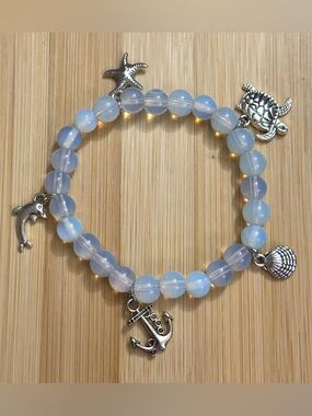 Hand Crafted Opalite Stretch Bracelet Ocean Charm Anchor Turtle Dolphin